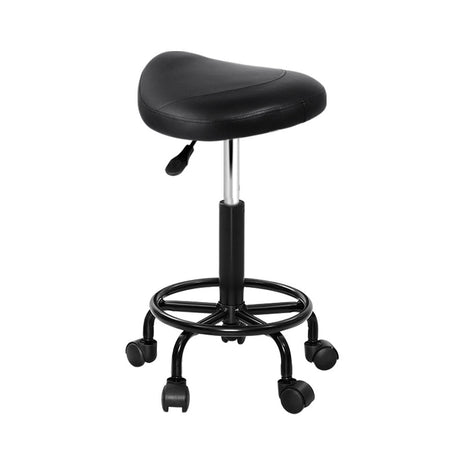 Artiss black saddle salon stool on castor wheels with a footrest ring