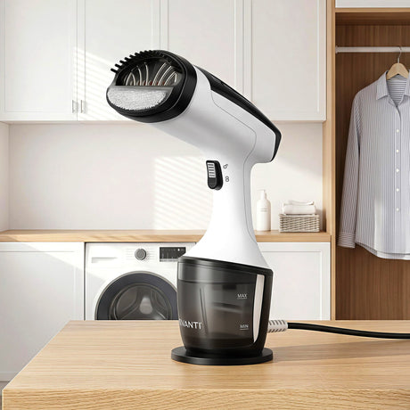 Devanti clothes steamer standing on a laundry bench
