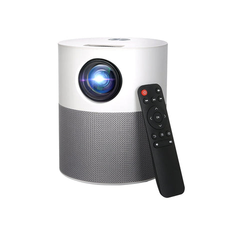 Devanti portable mini projector in white and grey with its remote control