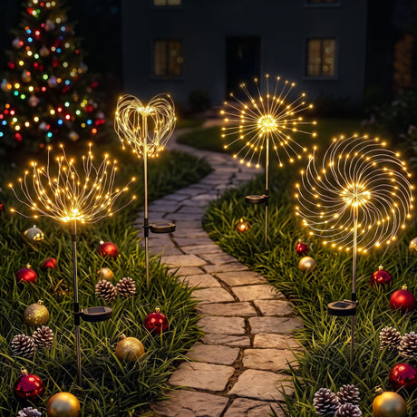 Jingle Jollys solar starburst stake lights lining a garden path at night