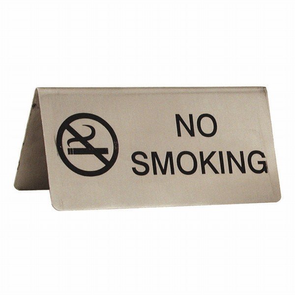 Stainless steel A-frame table sign reading NO SMOKING with a no-smoking symbol