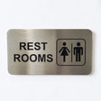 Stainless steel REST ROOMS sign with male and female symbols