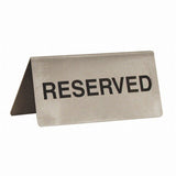 Stainless steel A-frame table sign reading RESERVED