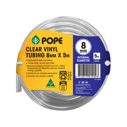 Pope 8mm x 5m Clear Vinyl Tubing