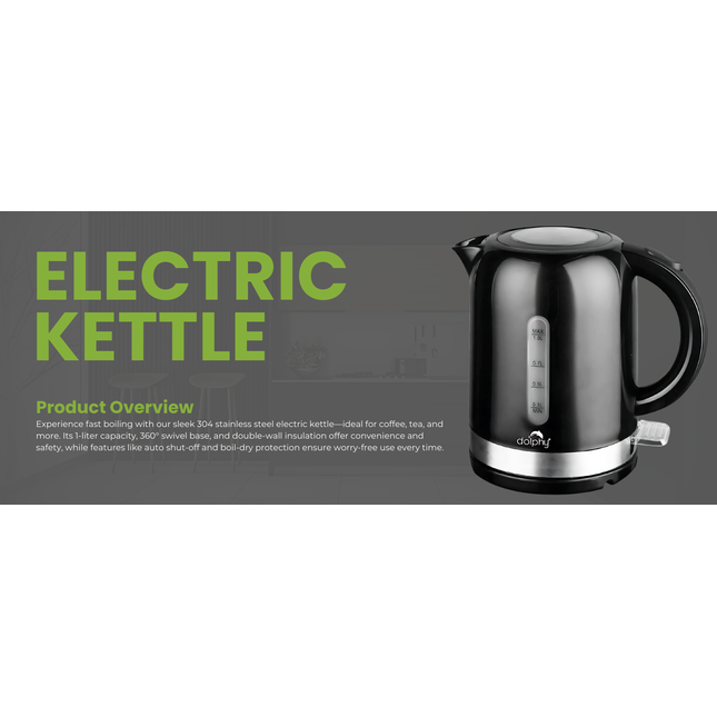 Dolphy Automatic 360° Concealed Heating Electric Kettle 1L - Black