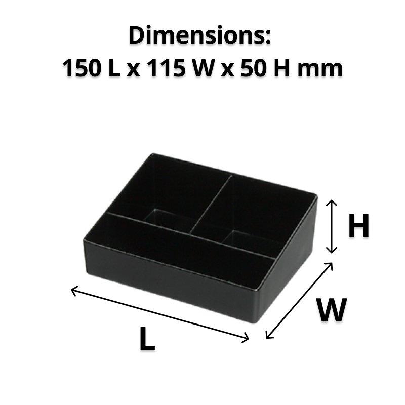 Black 3 compartment sachet holder with dimensions 150 x 115 x 50 mm