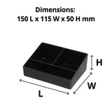 Black 3 compartment sachet holder with dimensions 150 x 115 x 50 mm