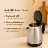 Dolphy 1.2L Electric Kettle – Stainless Steel, Fast Boil, Auto Shut-Off, 360 Swivel Base & Single-Touch Lid – Silver