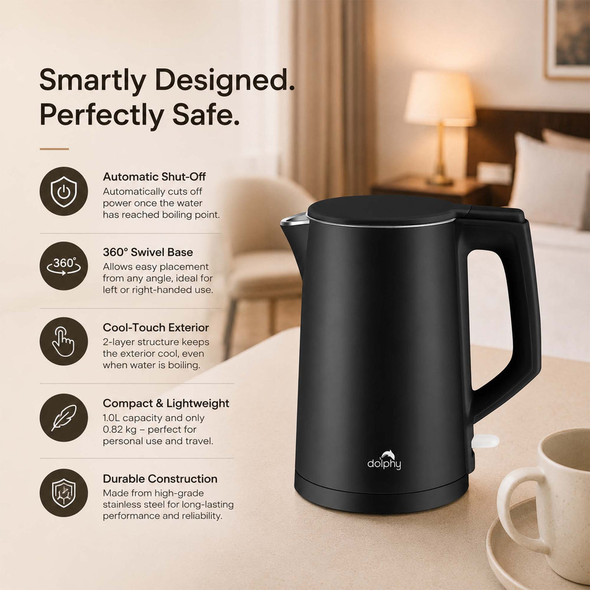 Dolphy 1L Electric Kettle – Black Stainless Steel, 360 Swivel Base, Auto Shut-Off, Cool-Touch Exterior, Fast Boil Cordless Kettle for Home, Hotel & Office