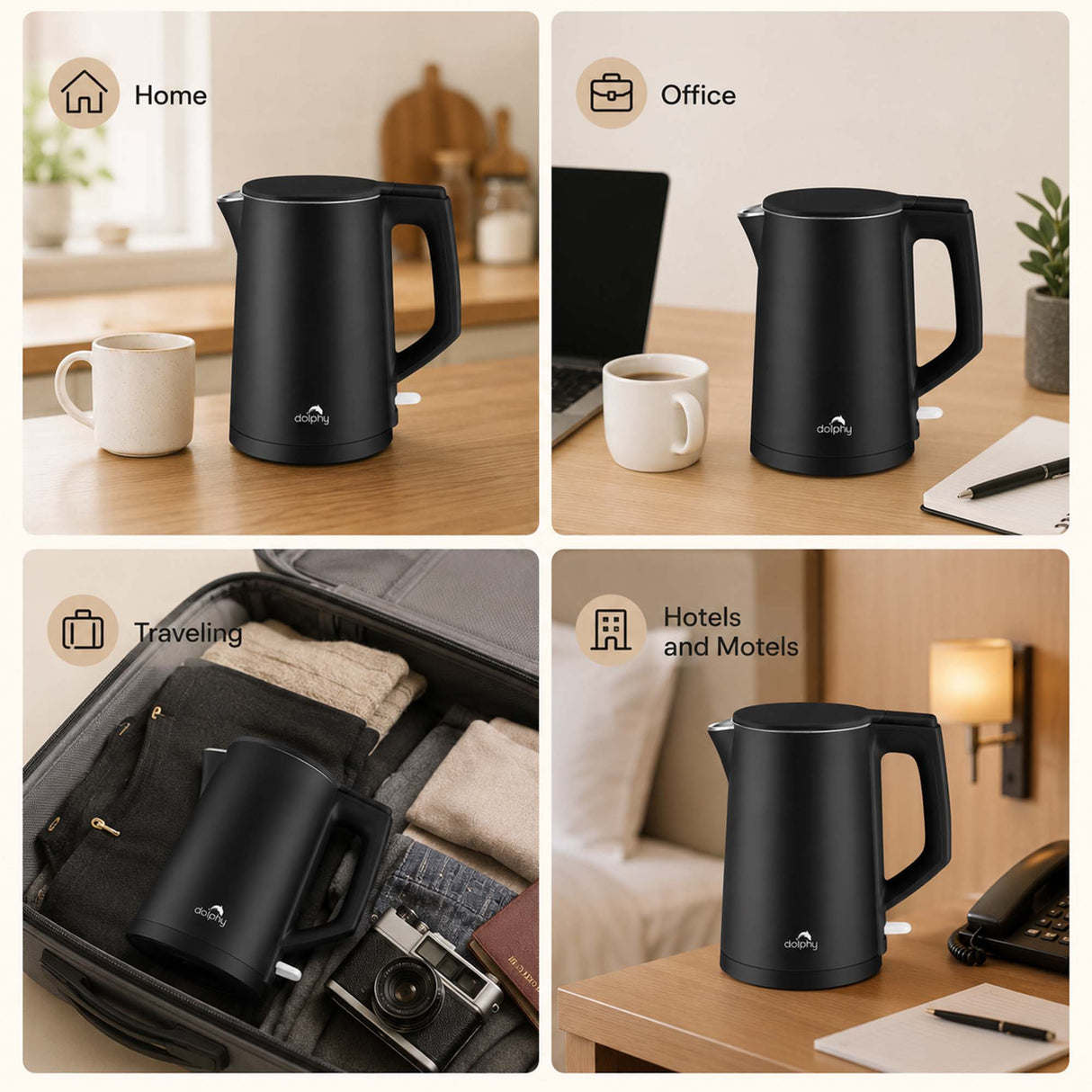 Dolphy 1L Electric Kettle – Black Stainless Steel, 360 Swivel Base, Auto Shut-Off, Cool-Touch Exterior, Fast Boil Cordless Kettle for Home, Hotel & Office