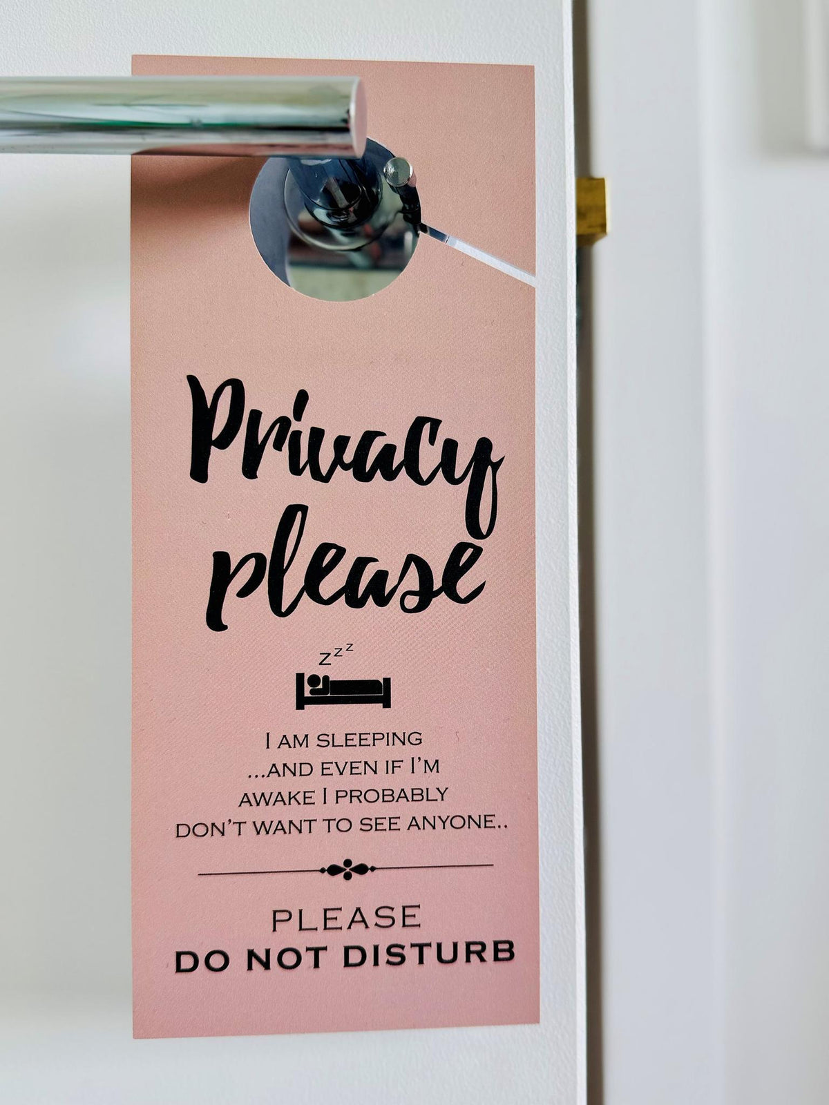 Privacy Please door hanger hanging on a door handle