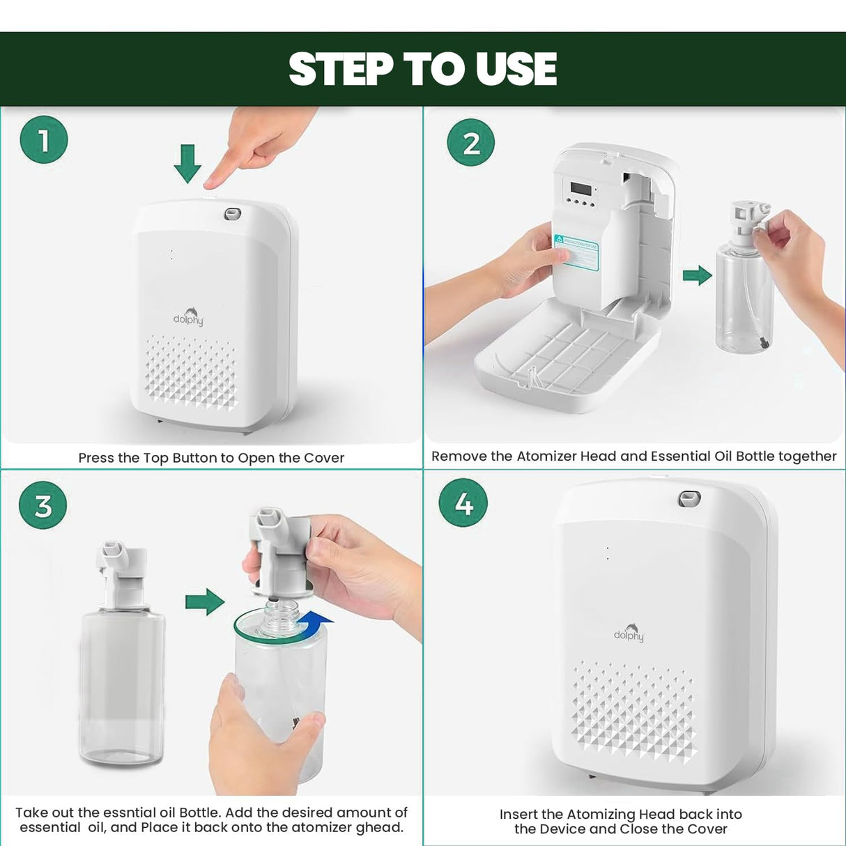 Dolphy Essential Oil Diffuser Dispenser with Bluetooth Control – 400 mL Capacity, Low-Noise Automatic Scent Machine with Light Sensor for Large Commercial Spaces – White