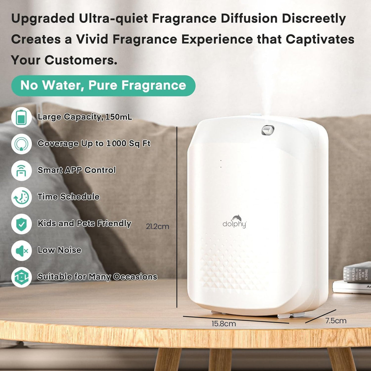 Dolphy Essential Oil Diffuser Dispenser with Bluetooth Control – 400 mL Capacity, Low-Noise Automatic Scent Machine with Light Sensor for Large Commercial Spaces – White