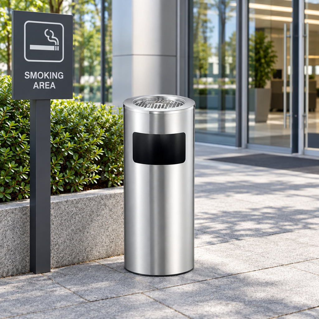 Dolphy 10L Rust-Resistant Stainless Steel Ashtray with Integrated Bin – Outdoor Round Waste Bin for Hotel, Office & Commercial Use – Silver Finish