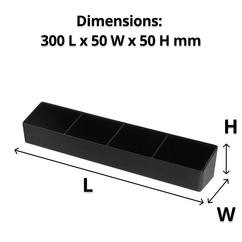 Black 4 compartment sachet holder with dimensions 300 x 50 x 50 mm
