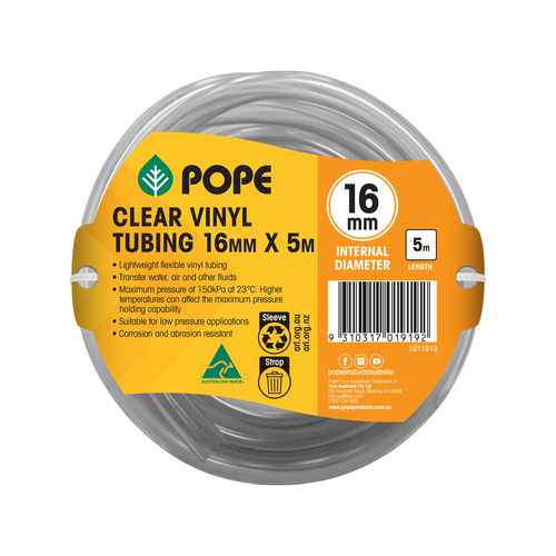 Pope 16mm x 5m Clear Vinyl Tubing