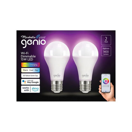 Mirabella Genio Smart Wi-Fi Dimmable ES LED 15W Globe - 2 Pack