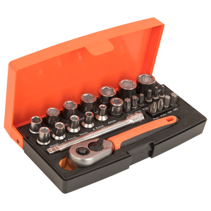 Bahco 1/4" Square Drive Socket Set With Metric Hex Profile And Screwdriver Bits / Bit Holder