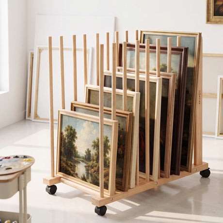 Artiss Art Drying & Storage Rack with Caster Wheels, Solid Wood Adjustable Slots Rack for Drawing Boards, Panels, Paintings