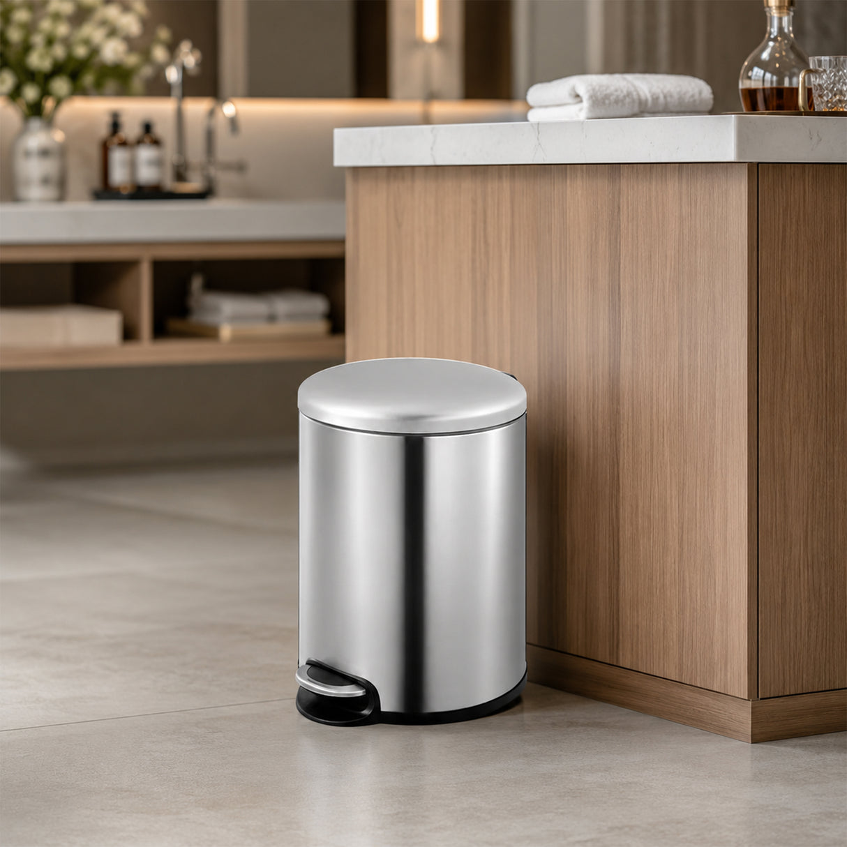 Dolphy 3L Stainless Steel Round Pedal Bin – Compact Foot Pedal Trash Can for Bathroom, Office, Hotel & Washroom – Silver Finish