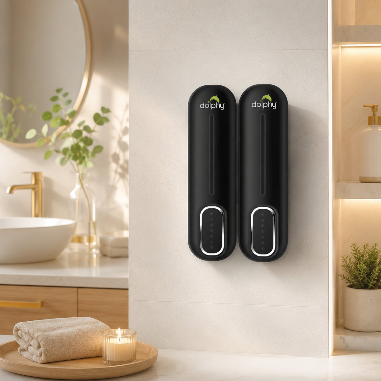 Dolphy Wall Mounted Soap Dispenser 300ml – Pack of 2, Durable ABS, Multi-Compatible Manual Dispenser – Black for Liquid Soap, Lotion & Shampoo