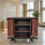 Dolphy Housekeeping Trolley Cart with Integrated Waste Bin – Brown Metal | 140x50x121cm