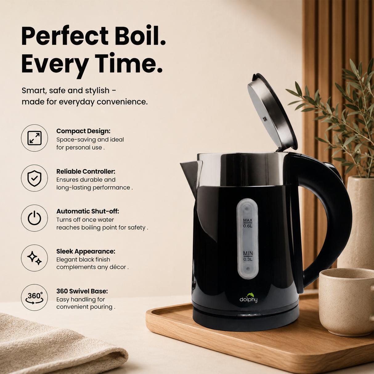 Dolphy 600ml Electric Kettle – Compact Black Stainless Steel, Fast Boil, Auto Shut-Off, 360 Swivel Base for Tea & Coffee