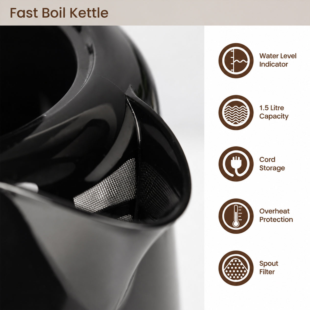 Dolphy 1L Electric Kettle – Black Compact Hot Water Kettle with 360 Swivel Base, Concealed Heating & Auto Shut-Off, Ideal for Hotel & Home Use