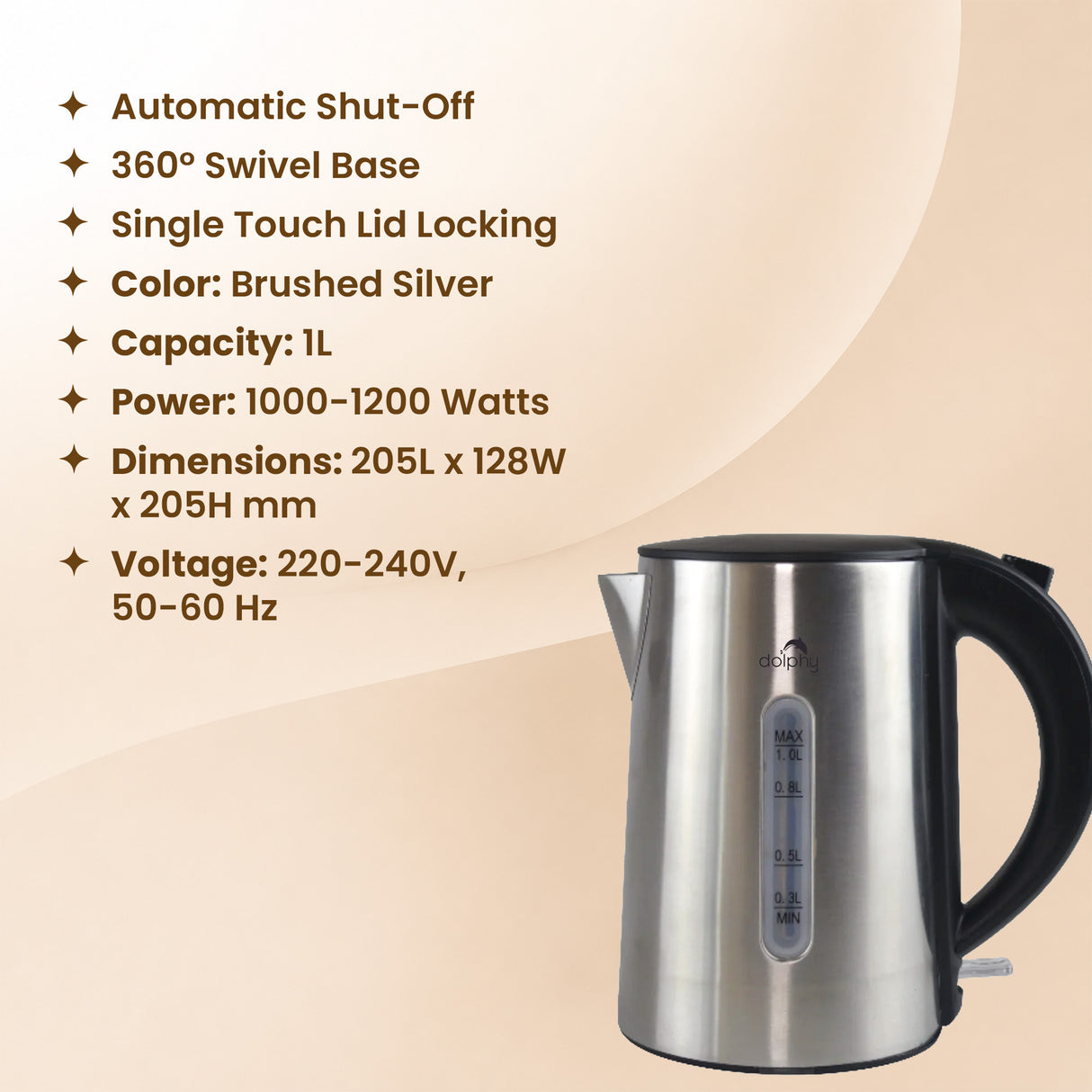 Dolphy 1L Electric Kettle – Brushed Silver Stainless Steel, 360 Swivel Base, Auto Shut-Off, Single Touch Lid Lock, Fast Boil Cordless Kettle for Home & Hotel