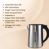 Dolphy 1L Electric Kettle – Brushed Silver Stainless Steel, 360 Swivel Base, Auto Shut-Off, Single Touch Lid Lock, Fast Boil Cordless Kettle for Home & Hotel