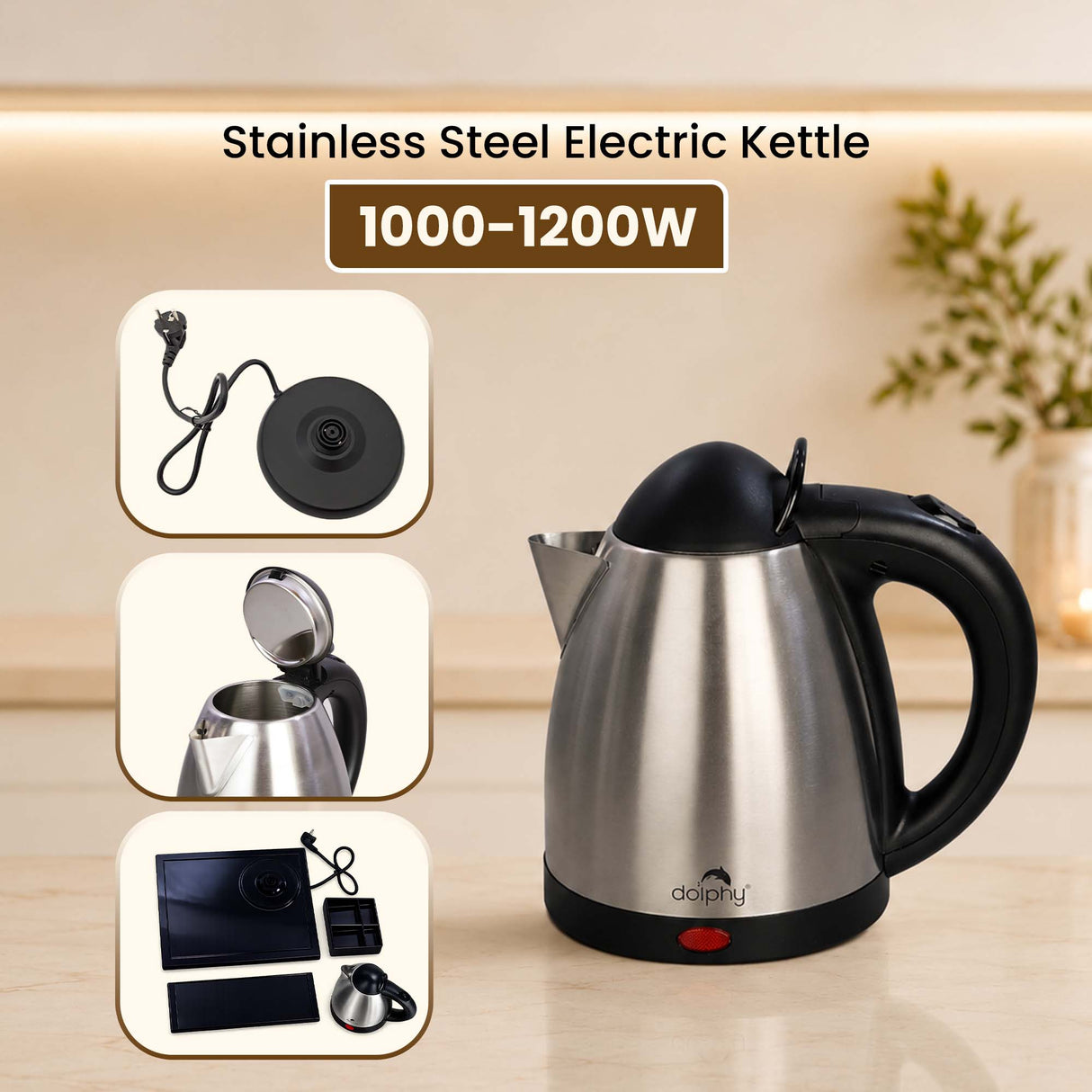 Dolphy 800ml Stainless Steel Electric Kettle – 360 Swivel Base, Fast Boil, Auto Shut-Off, Food-Grade Build, Compact Travel Kettle for Home, Office & Hotel Use – Silver