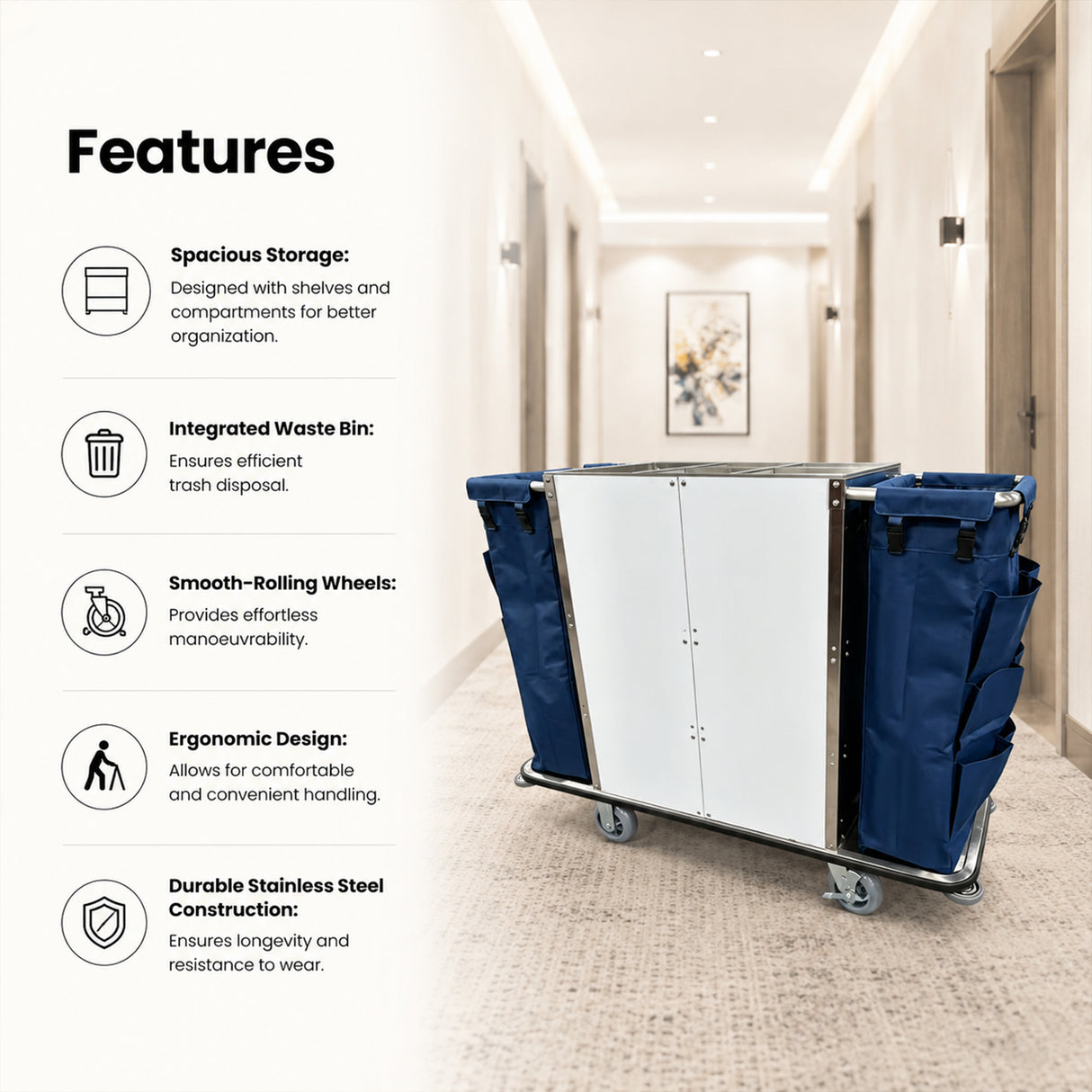 Dolphy Housekeeping Trolley Cart with Waste Bin – Commercial Cleaning Cart with Shelves, Smooth Wheels & Durable Steel Frame for Hotels & Offices