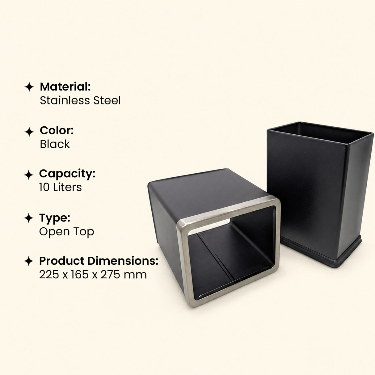 Dolphy 10L Rectangular Stainless Steel Waste Bin – Black Open-Top Dustbin for Bathroom, Office, Hotel & Home Use