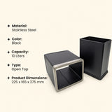 Dolphy 10L Rectangular Stainless Steel Waste Bin – Black Open-Top Dustbin for Bathroom, Office, Hotel & Home Use
