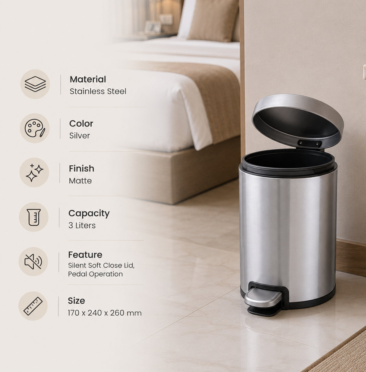 Dolphy 3L Round Stainless Steel Pedal Bin – Compact Foot Pedal Trash Can with Soft-Close Lid for Bathroom, Office & Bedroom – Matte Silver