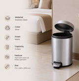 Dolphy 3L Round Stainless Steel Pedal Bin – Compact Foot Pedal Trash Can with Soft-Close Lid for Bathroom, Office & Bedroom – Matte Silver