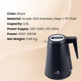 Dolphy 800ml Electric Kettle – Black Stainless Steel, Fast Boil with 360 Swivel Base, Auto Shut-Off & One-Touch Lid for Home, Hotel & Office Use