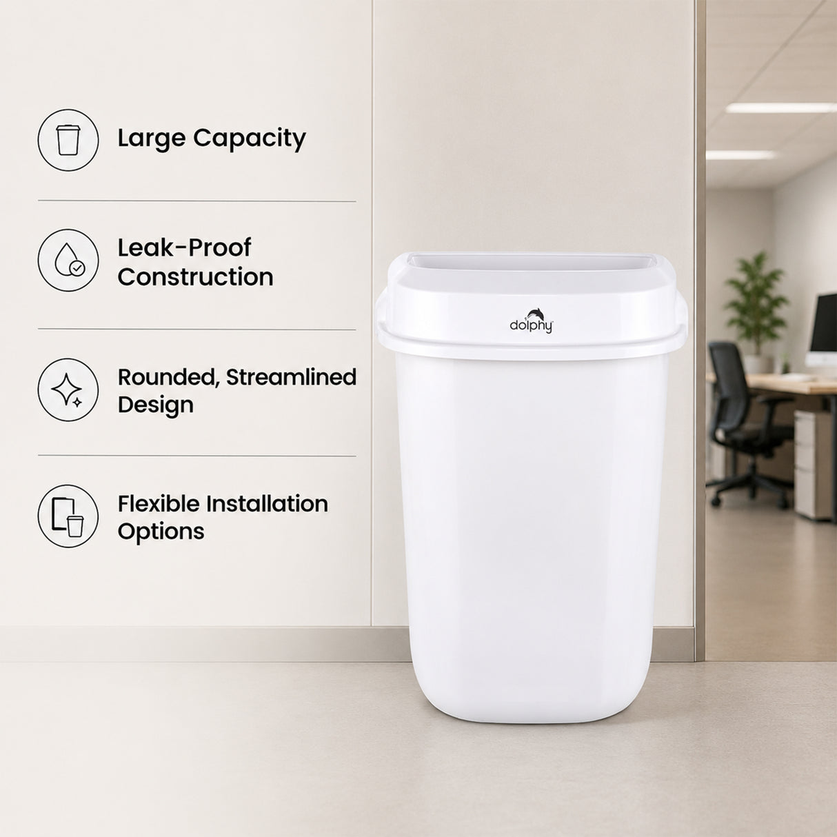 Dolphy Plaza Waste Bin 32L – Durable Polypropylene Rubbish Bin with Leak-Proof Design – White