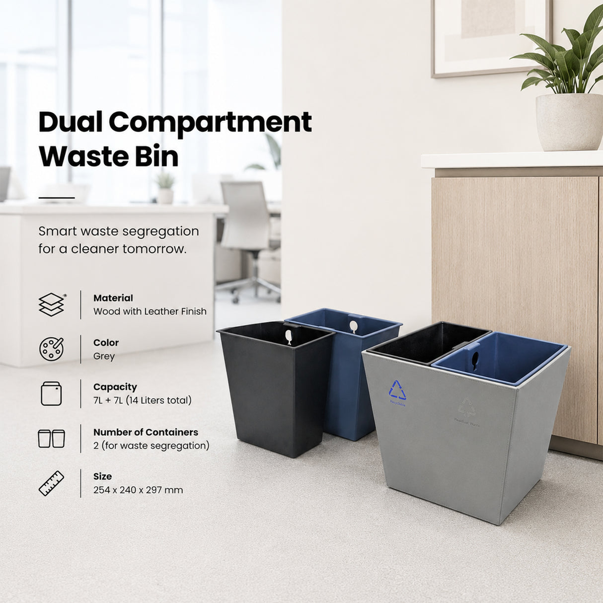 Dolphy 14L Premium Grey Leather & Wood Dual Compartment Recycle Bin – Stylish Waste Separation for Home, Office & Hotels