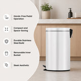 Dolphy 5L Round Pedal Bin – White Stainless Steel Waste Bin with Foot Pedal, Removable Inner Bucket, Compact Design for Bathroom, Kitchen & Office