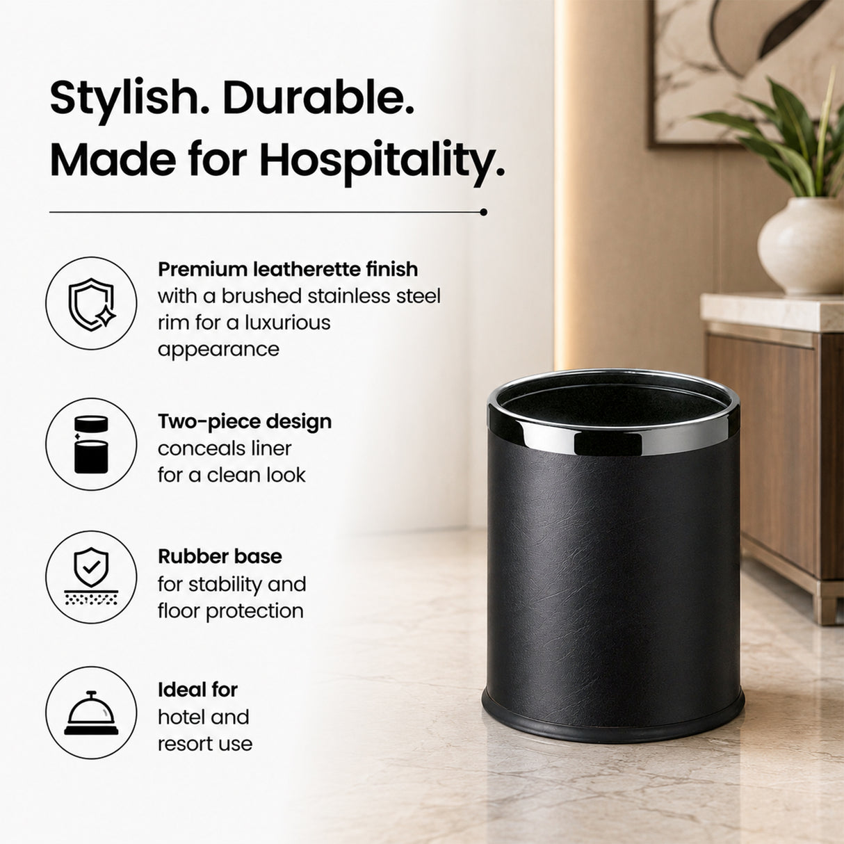Dolphy Round Leatherette Room Bin 10L – Black Waste Bin with Stainless Steel Rim, Elegant Hotel Room Rubbish Bin, Durable & Stylish Design