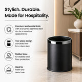 Dolphy Round Leatherette Room Bin 10L – Black Waste Bin with Stainless Steel Rim, Elegant Hotel Room Rubbish Bin, Durable & Stylish Design