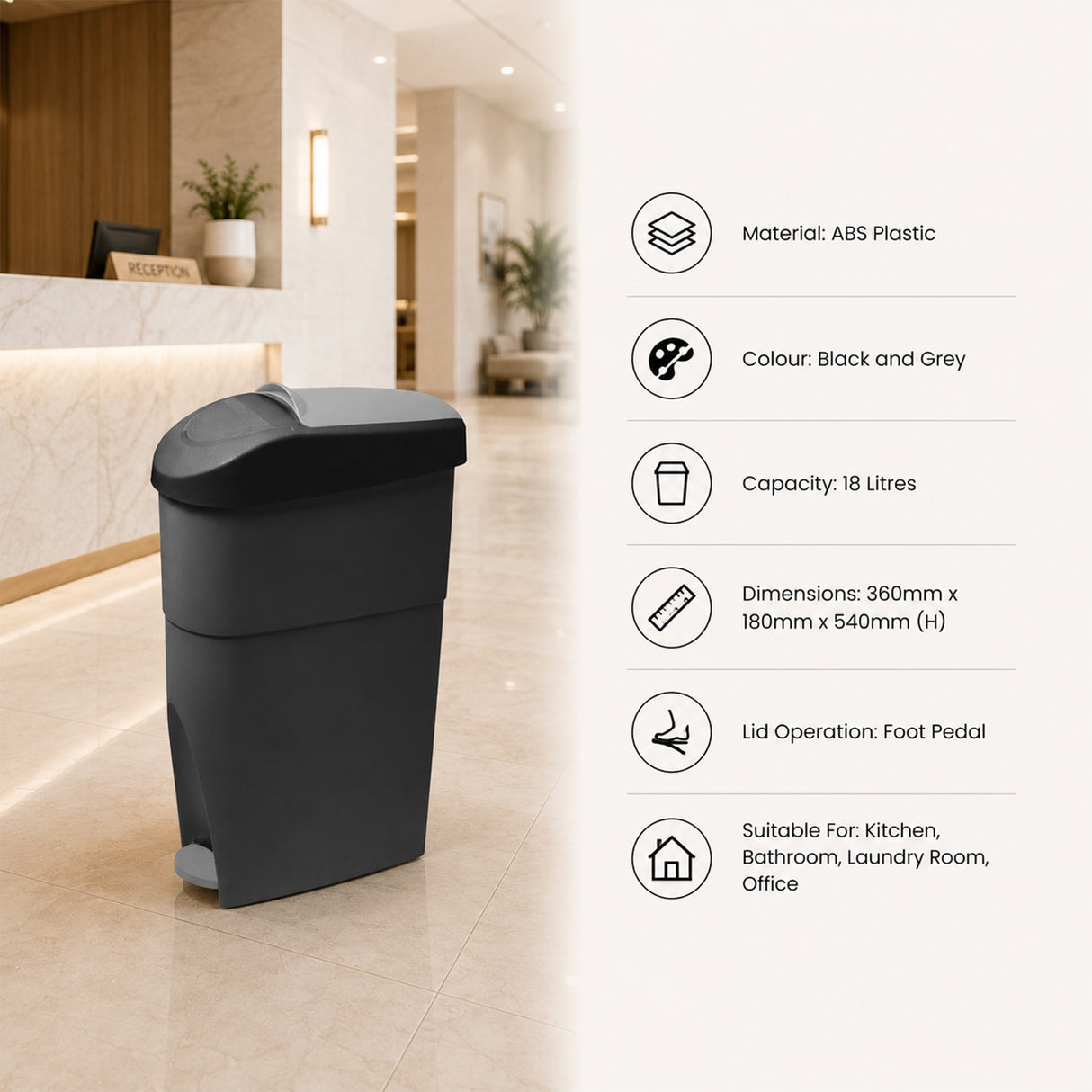 Dolphy 18L Pedal Sanitary Bin – Hands-Free Foot Pedal Rubbish Bin with Odour Lock – Black & Grey ABS Waste Bin for Bathroom, Kitchen, Laundry & Office