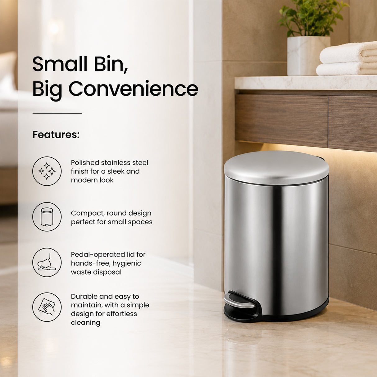Dolphy 3L Stainless Steel Round Pedal Bin – Compact Foot Pedal Trash Can for Bathroom, Office, Hotel & Washroom – Silver Finish