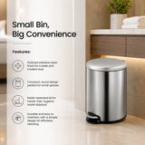 Dolphy 3L Stainless Steel Round Pedal Bin – Compact Foot Pedal Trash Can for Bathroom, Office, Hotel & Washroom – Silver Finish