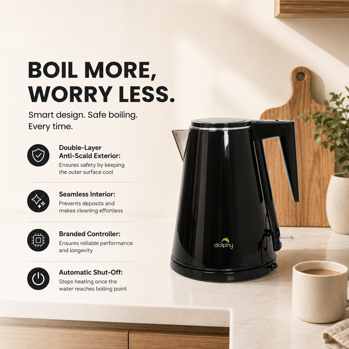 Dolphy 1.2L Double Layer Electric Kettle – Black Stainless Steel, Auto Shut-Off, Cool-Touch Body, Fast Boil, Cordless Design for Home, Office & Hotel Use