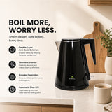 Dolphy 1.2L Double Layer Electric Kettle – Black Stainless Steel, Auto Shut-Off, Cool-Touch Body, Fast Boil, Cordless Design for Home, Office & Hotel Use