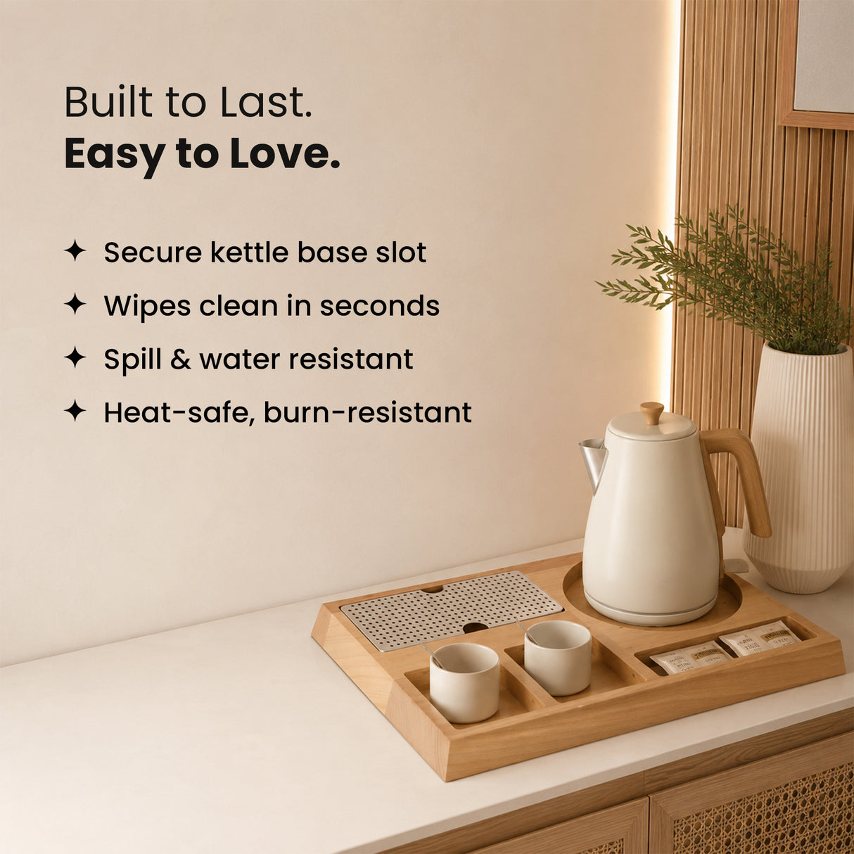 Dolphy Beech Wood Kettle Tray – Natural Wooden Hospitality Tray for Hotels & Home Use, Stylish Beverage Organiser with Sleek Brown Finish