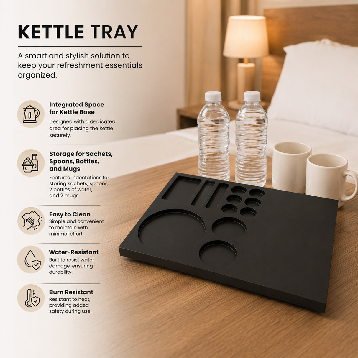 Dolphy Black Melamine Kettle Tray – Elegant Wooden Hospitality Beverage Tray for Hotels, Offices & Home Use with Contemporary Matte Finish