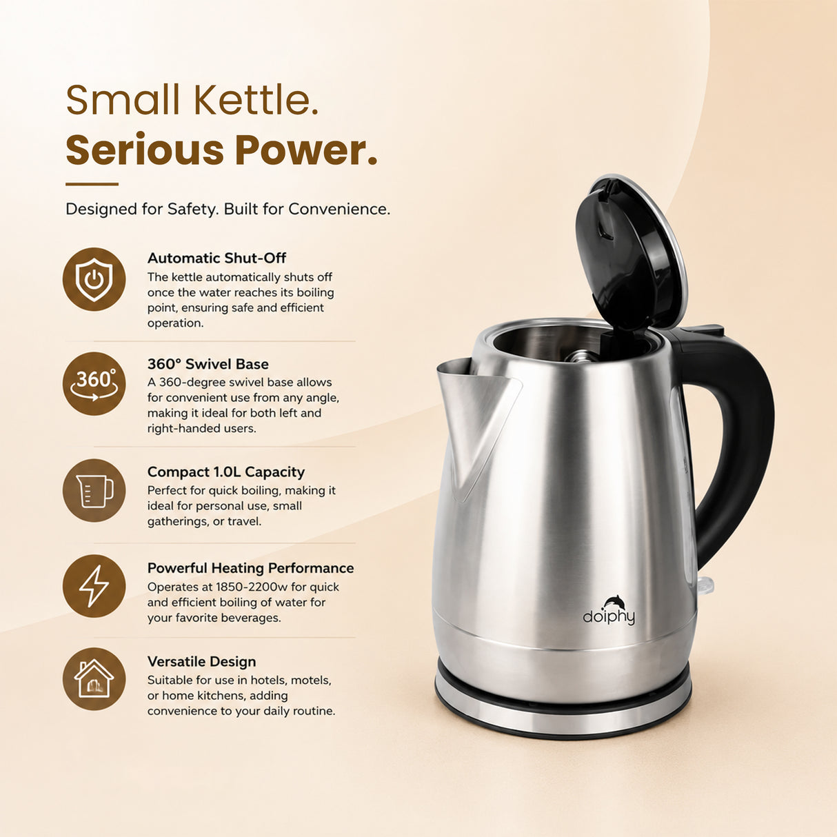 Dolphy 1.0L Electric Kettle – Stainless Steel, 1850 -2200W Fast Boil, Auto Shut-Off & Overheat Protection, Compact Hot Water Boiler for Tea & Coffee